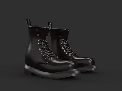 Fashionable Black Leather Ankle Boots With White Sole And Laces 3d model
