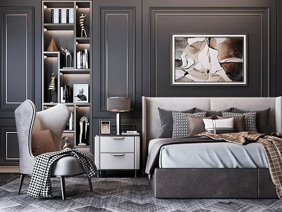 Modern Elegant Bedroom Interior With Double Bed Nightstand Table Lamp Armchair And Decorative Painting 3d model
