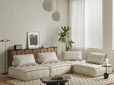 Modern Minimalist White Sofa and Black Coffee Table Set with Green Plant Window Blinds and Decorations 3d model