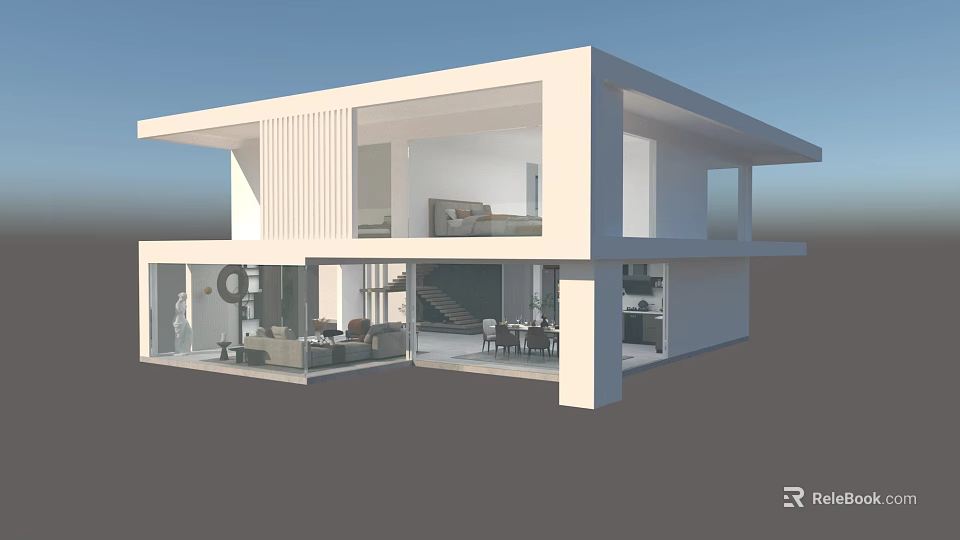 Modern Two Story Detached Villa With Large Glass Windows Open Layout And Interior Furniture 3d model 