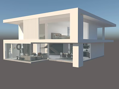 Modern Two Story Detached Villa With Large Glass Windows Open Layout And Interior Furniture 3d model