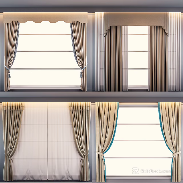 Modern Linen Curtains With Pleated Design Blue Trim And Tiebacks For Windows 3d model 
