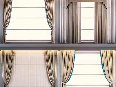 Modern Linen Curtains With Pleated Design Blue Trim And Tiebacks For Windows 3d model