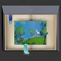 Cartoon Scene with Green Meadow Unicorn Standing Among Trees Blue Sky Moon and Stars