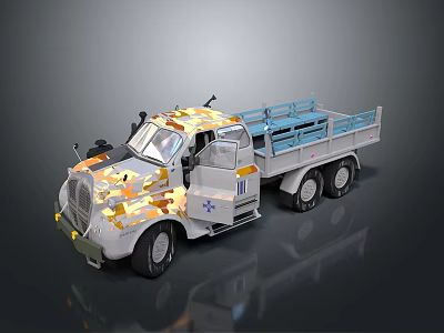 Camouflage Patterned Truck with Blue Cargo Bed and White Base Design 3d model