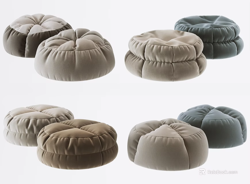 Multiple Soft Fabric Poufs in Various Neutral Tones for Living Room Seating 3d model 