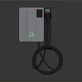 Sleek Gray Electric Vehicle Charger With Green Logo And Charging Cable
