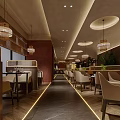 Elegant Modern Restaurant Interior With Wooden Screen Pendant Lights And Green Plants