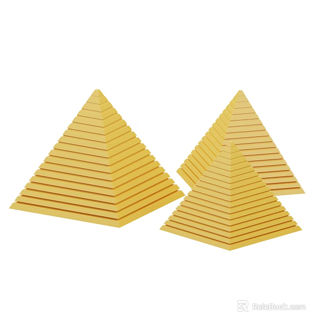 Three Yellow Stacked Pyramid Models With Horizontal Striped Layers 3d model