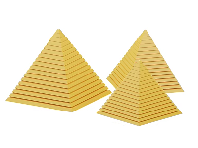 Three Yellow Stacked Pyramid Models With Horizontal Striped Layers 3d model