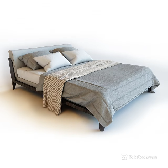 Modern Double Bed With Gray Bedding Soft Pillows And Wooden Frame 3d model