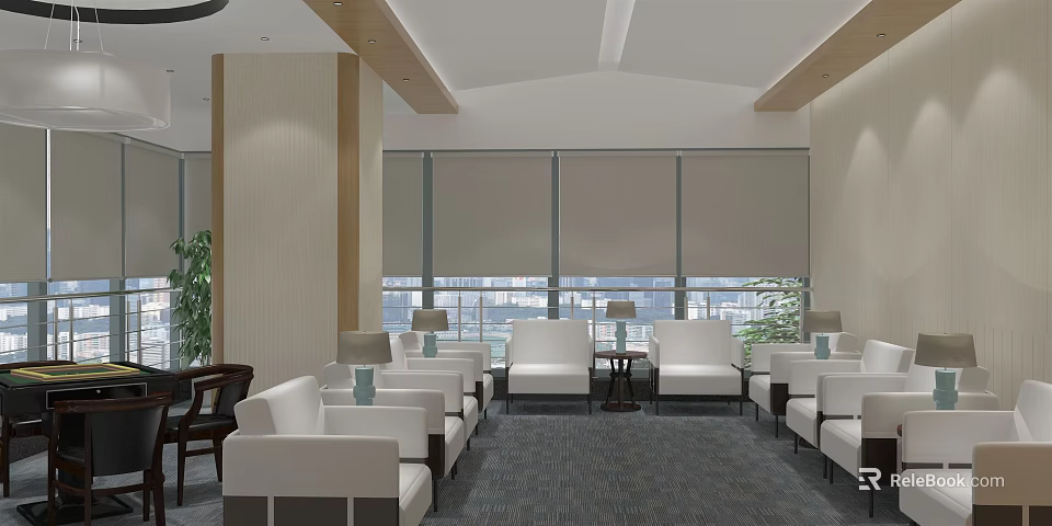 Modern Hotel Public Lounge With White Sofas Coffee Tables Large Windows And Natural Light 3d model 