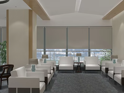Modern Hotel Public Lounge With White Sofas Coffee Tables Large Windows And Natural Light 3d model