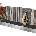 Modern Feature Wall With Stone And Metal Strips Red Maple Tree And Golden Sculpture