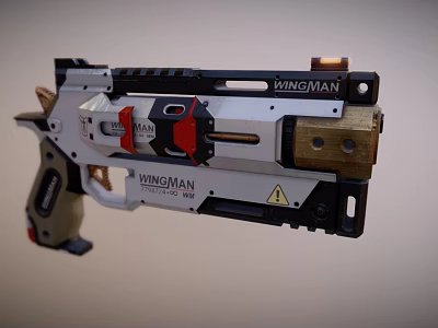 Futuristic WINGMAN Pistol Weapon With Detailed Components And White Black Red Gold Accents 3d model