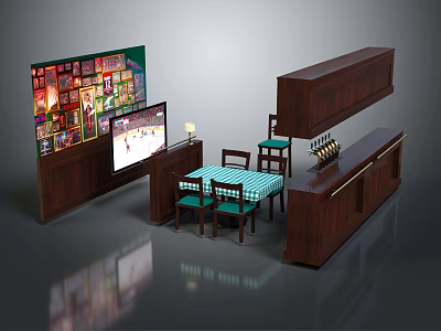 Dining Table Set with Green Striped Chairs TV Wall Art Wooden Bar Counter and Cabinets 3d model