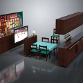 Dining Table Set with Green Striped Chairs TV Wall Art Wooden Bar Counter and Cabinets