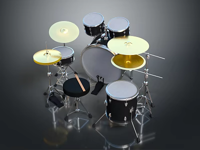 Musical Instruments Complete Drum Set With Black Shells Gold Cymbals Drumsticks And Stands For Music Enthusiasts 3d model