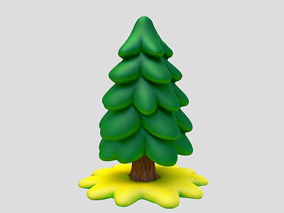 3D Rendered Cartoon Style Green Pine Tree With Layered Canopy Brown Trunk And Yellow Base 3d model