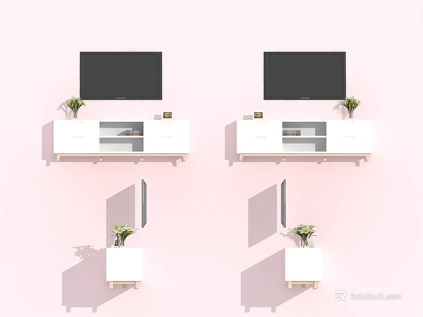 Modern White TV Stand With TV Potted Plants And Storage Shelves 3d model 