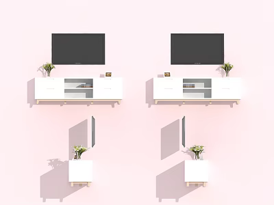 Modern White TV Stand With TV Potted Plants And Storage Shelves 3d model