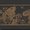 Detailed Intricate Carving Artwork With Carp Lotus Butterfly And Dragonfly on Blue Background