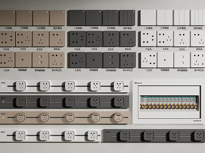 Modern Switch Panels In Various Colors And Styles With Socket Combinations And Distribution Box 3d model