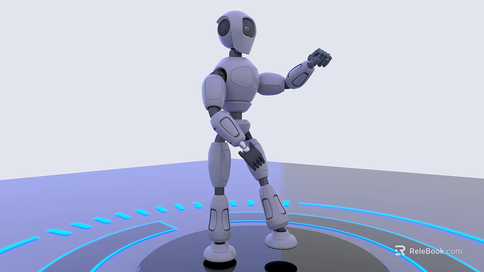 White Humanoid Robot 3D Render Standing on Platform With Blue Light Rings 3d model