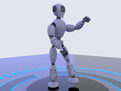 White Humanoid Robot 3D Render Standing on Platform With Blue Light Rings 3d model