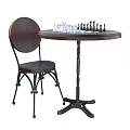 Table and Chair Set with Wooden Round Table and Metal Frame Chair Featuring Chess Pieces