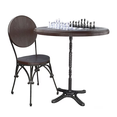 Table and Chair Set with Wooden Round Table and Metal Frame Chair Featuring Chess Pieces 3d model