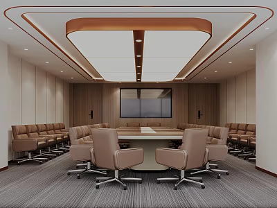Modern Conference Room Interior With Long Table Wheeled Chairs Ceiling Light Strips and Large Screen 3d model