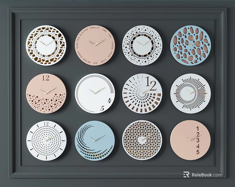 Twelve Round Decorative Clocks With Different Designs In Black Frame Wall 3d model