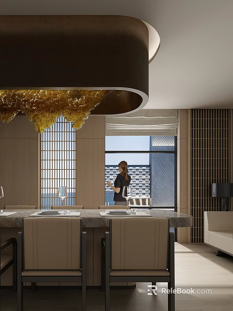 Modern Restaurant Interior With Golden Chandelier Large Windows Lattice Partitions And Wooden Counter 3d model 