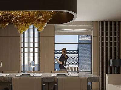 Modern Restaurant Interior With Golden Chandelier Large Windows Lattice Partitions And Wooden Counter 3d model