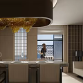 Modern Restaurant Interior With Golden Chandelier Large Windows Lattice Partitions And Wooden Counter