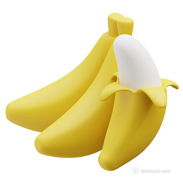 Three Fresh Ripe Yellow Bananas One Peeled Showing White Flesh 3d model 