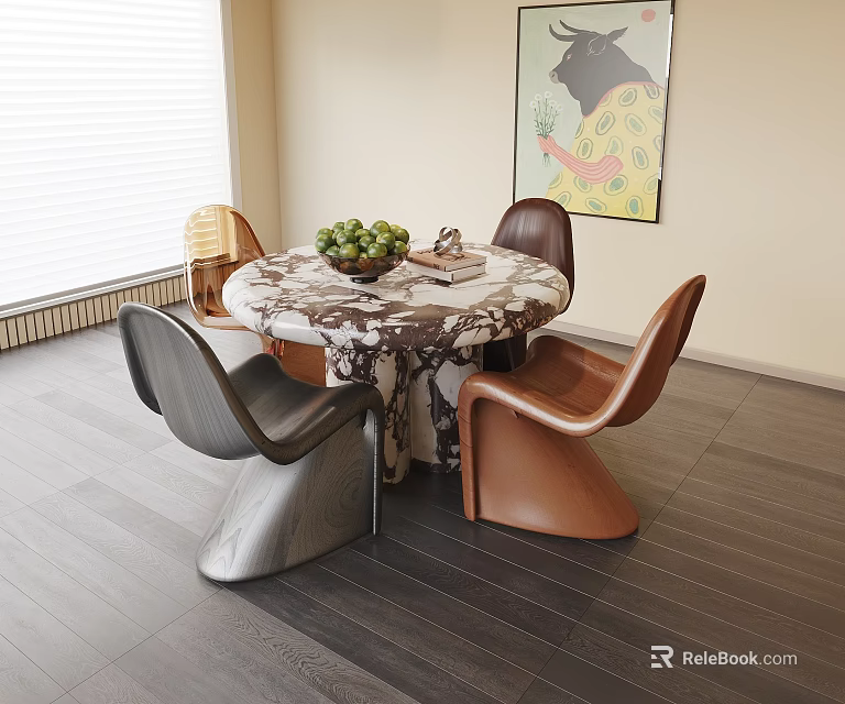 Round Marble Texture Dining Table Set With Gray And Brown Chairs 3d model 