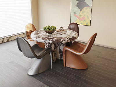 Round Marble Texture Dining Table Set With Gray And Brown Chairs 3d model