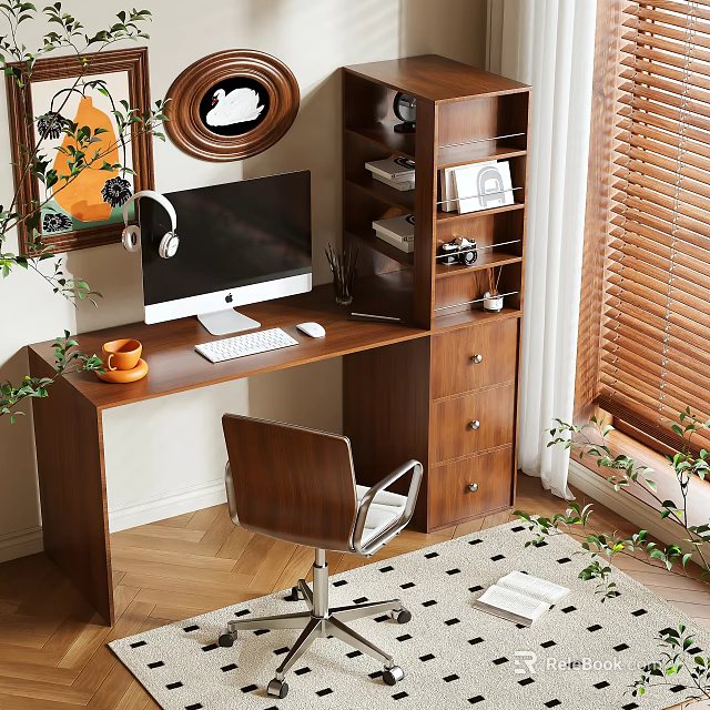 Wooden Desk with Computer Monitor Keyboard Mouse Headphones Orange Cup Chair Shelf and Green Plants 3d model 