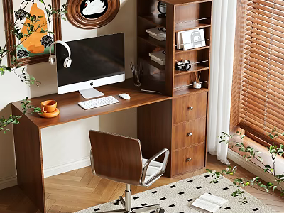 Wooden Desk with Computer Monitor Keyboard Mouse Headphones Orange Cup Chair Shelf and Green Plants 3d model