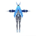 Woman with blue hair rabbit ears wearing blue white outfit arms stretched out