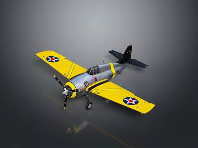 Detailed Vintage Yellow And Silver Airplane With Star Emblems On Wings 3d model
