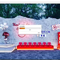 Commercial Event Equipment With Red Bench Mailbox Cartoon Statue Balloons And Stone Wall