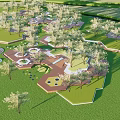 Park Landscape Design With Circular Green Areas Lush Vegetation And Water Features
