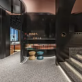 Modern Restaurant Interior With Black Ceiling Large Windows Brown Seats And Green Plants