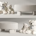 Stylish Upholstered White Round Footstool With Teddy Bears And Gray Bows
