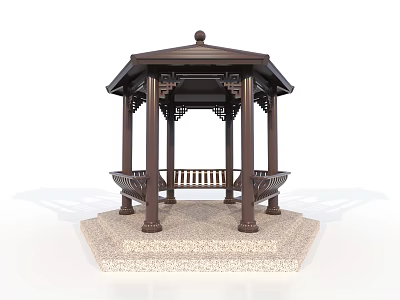 Octagonal Wooden Canopy With Decorative Top Pillars Benches And Stone Base 3d model