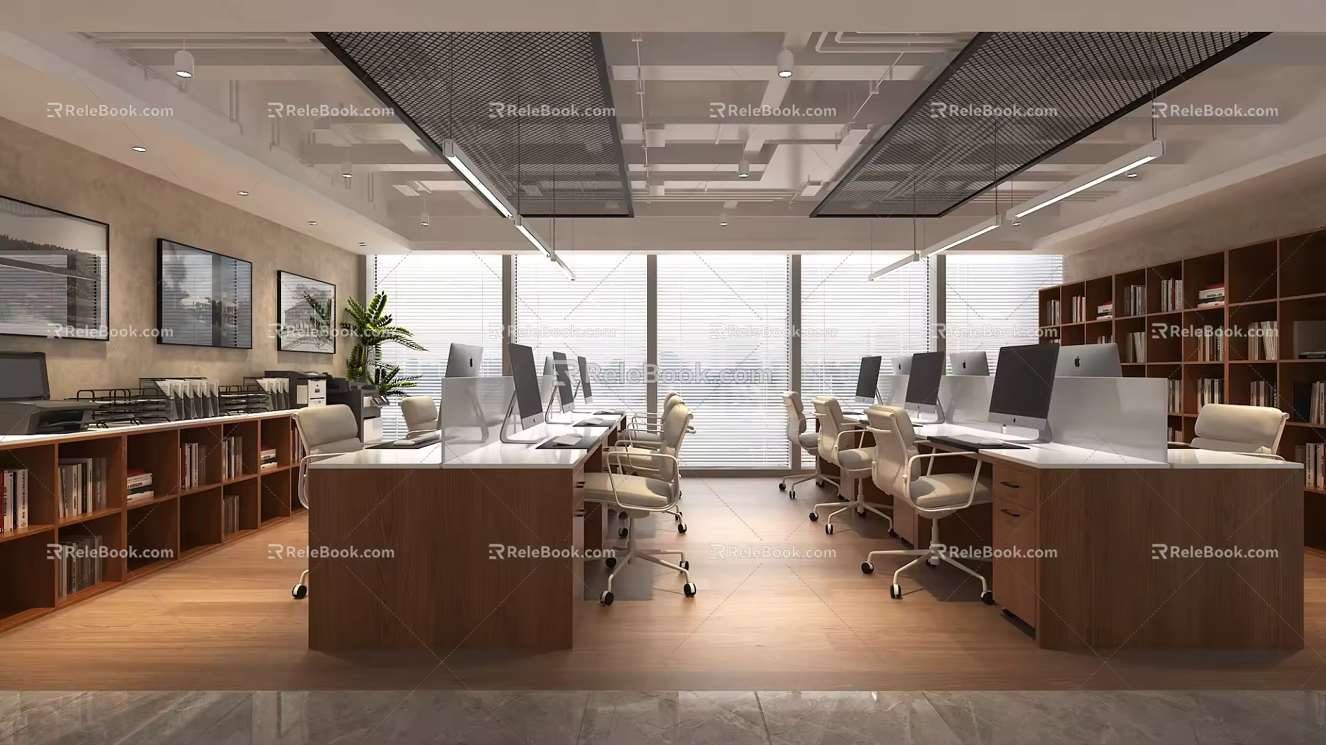 modern public office area work area office desk office chair chandelier filing cabinet bookshelf bookcase printer public office area 3d model