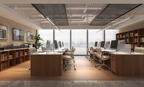 modern public office area work area office desk office chair chandelier filing cabinet bookshelf bookcase printer public office area 3d model